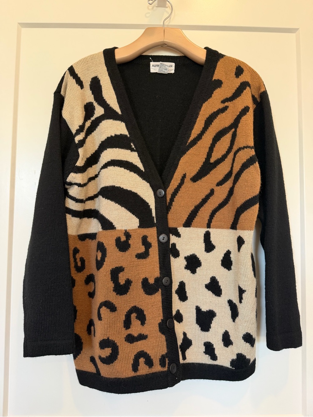 Patchwork animal print wool blend brown black cottagecore cabin cardigan sz LP